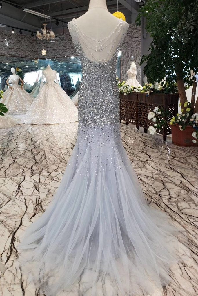 Unique Mermaid Sequins Bodice Tulle Prom Dress PW798