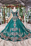 Green Satin Short Sleeve Ball Gown Lace up with Applique Beads Prom Dresses PW792