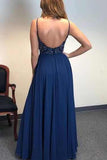 A Line Spaghetti Straps V Neck Prom Dress with Beading, Long Evening Dress PD01