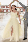 Gorgeous A Line Spaghetti Straps Light Blue Tulle Prom Dress with Appliques PD02
