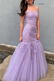 Charming Red Mermaid Spaghetti Straps Tulle Prom Dress with Appliques PD03