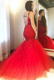 Charming Red Mermaid Spaghetti Straps Tulle Prom Dresses with Appliques PD03