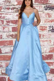 Unique A Line Blue Satin Spaghetti Straps V Neck Lace up Prom Dresses with Pockets PD08