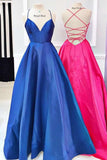 Unique A Line Blue Satin Spaghetti Straps V Neck Lace up Prom Dress with Pockets PD08