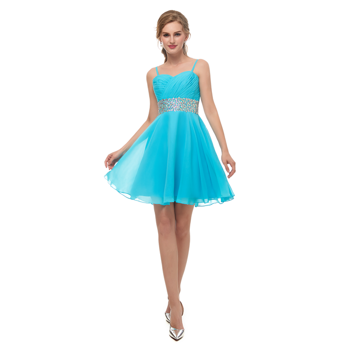 A Line Spaghetti Straps Beading Blue Chiffon Short Above Knee Homecomi ...