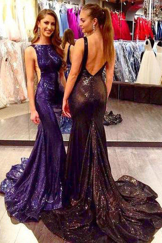 Gorgeous Sexy Scoop Neckline Backless Long Mermaid Sequins Prom Dresses