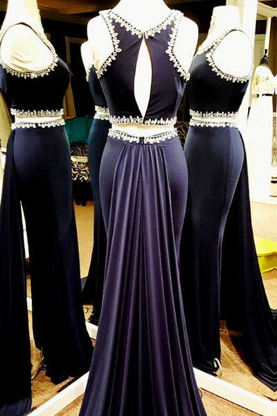 Deep Relvet Beading Round Neck Two Pieces Long Prom Dresses