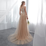A Line Sleeveless Appliques Lace Court Train Prom Dress WH26661