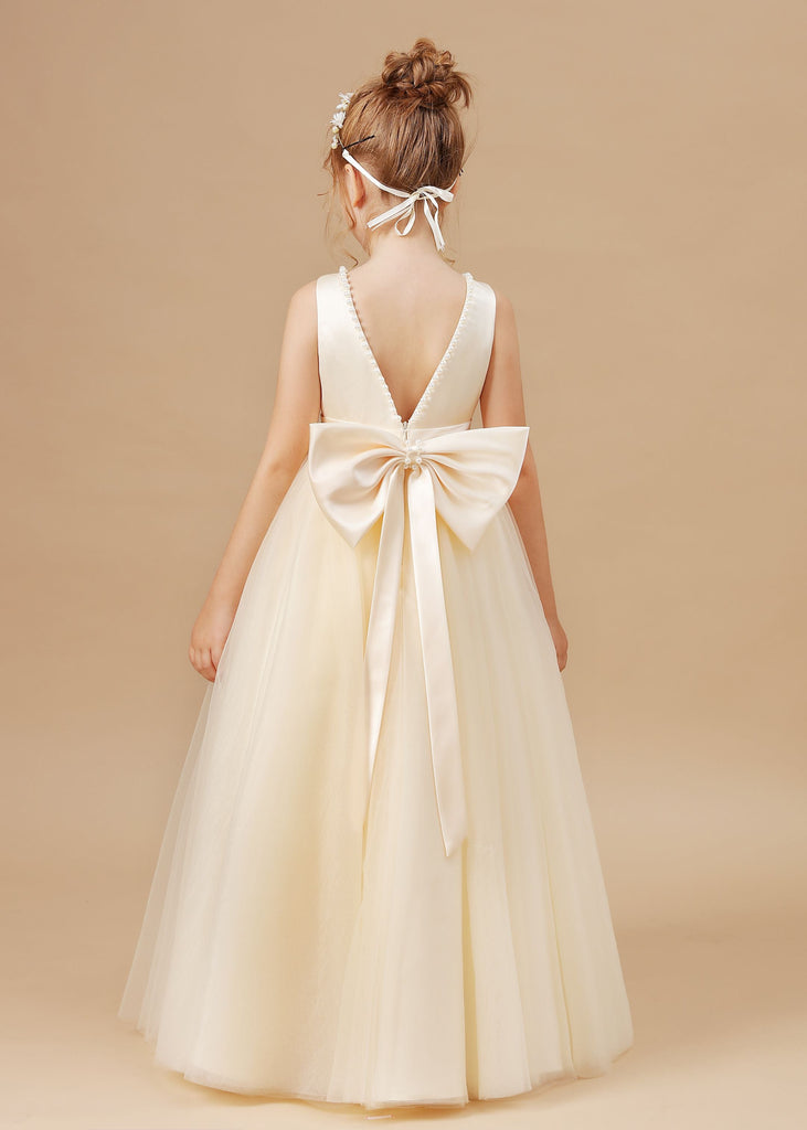 Champagne Sleeveless Tulle Satin Flower Girl Dresses With Bow
