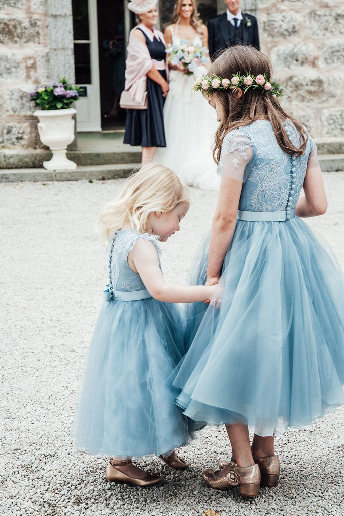 A-Line Mid-Calf Blue Lace Top Tulle Scoop Sleeveless Cheap Junior Flower Girl Dress PM528