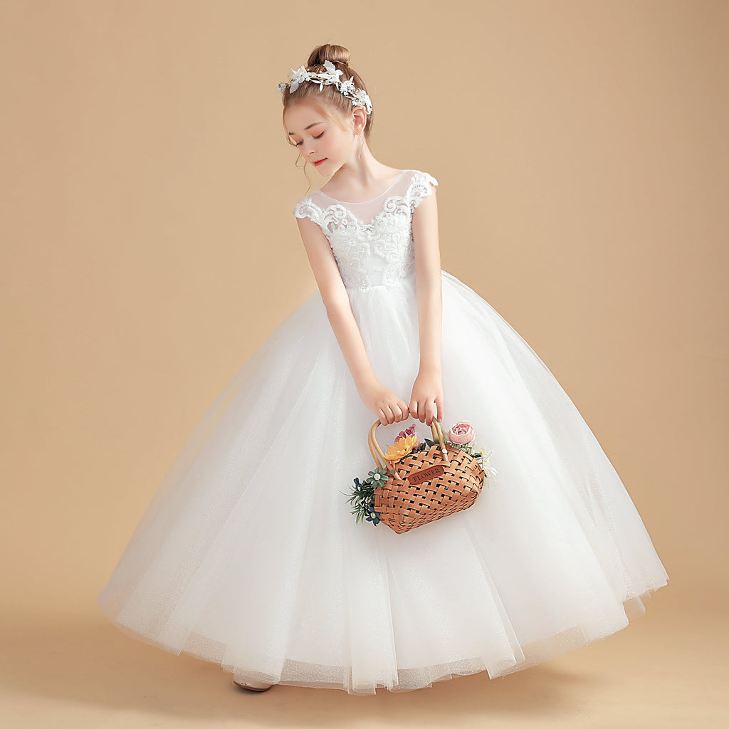 Cap Sleeves Ivory Tulle Flower Girl Dresses With Bow-Knot FL0002