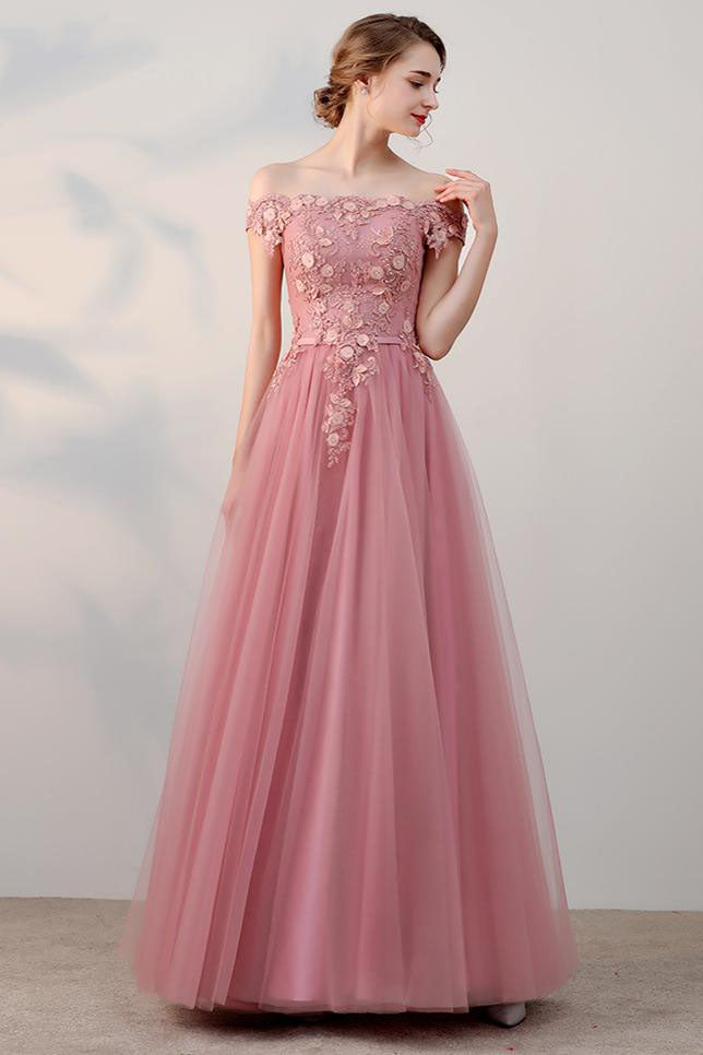 Chic A-Line Off-the-Shoulder Pink Appliques Lace-up Tulle Modest Long Prom Dresses uk PM410