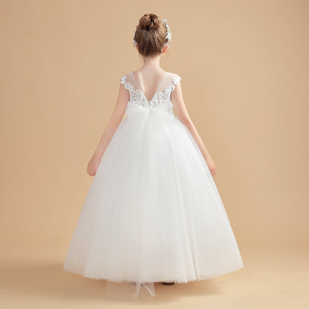 Cap Sleeves Ivory Tulle Flower Girl Dresses With Bow-Knot FL0002