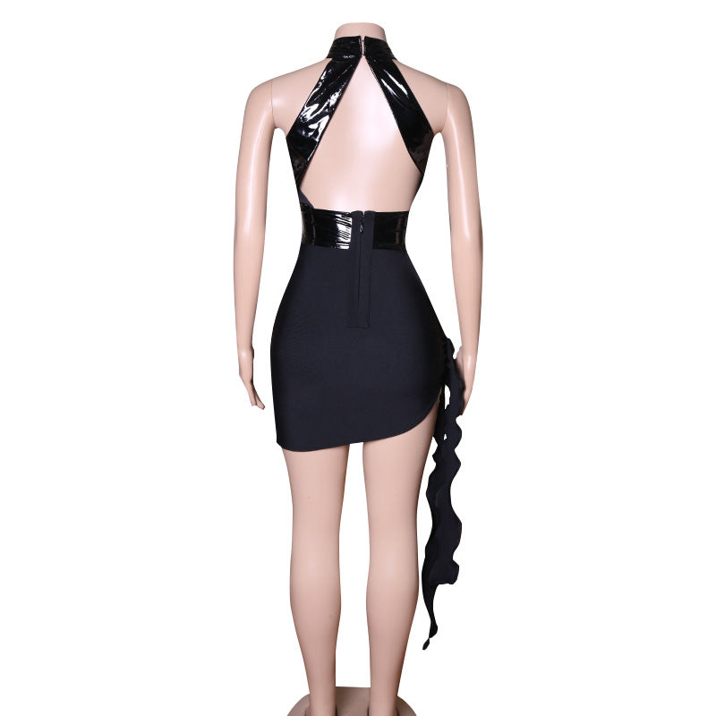 Sexy Black Halter Leather Open Back Homecoming Dresses