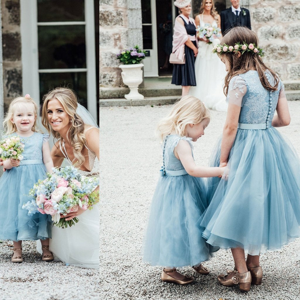 A-Line Mid-Calf Blue Lace Top Tulle Scoop Sleeveless Cheap Junior Flower Girl Dress PM528