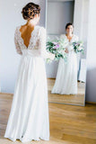 3/4 Sleeve See Through Backless Lace Wedding Gowns Chiffon Rustic Wedding Dresses PW815