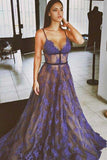 Purple Lace Prom Dress Spaghettis Straps Nude Lining Long Sexy Evening Gowns PW211