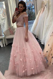 3D Flower Off the Shoulder Prom Dress Lace Two Piece Pink Prom Gowns P1116