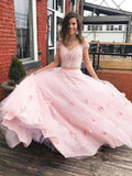 3D Flower Off the Shoulder Prom Dress Lace Two Piece Pink Prom Gowns P1116