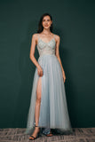 Modest Spaghetti Straps Beading Long Sky Blue Prom Dresses With Front Split WH441055