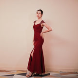 Mermaid Cap Sleeve V Neck Split Chiffon Floor Length Prom Dresses WH291051