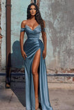 Dusty Blue Off-the-Shoulder Beading Mermaid Long Prom Dresses With Slit PD0471