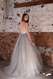 Sexy Top A-line White Lace Grey Tulle Strapless Sweetheart Neck Wedding Dress PM357