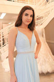 Gorgeous Straps Light Sky Blue Chiffon V-Neck Backless Sleeveless A Line Long Prom Dresses PH485