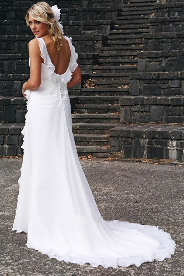 Elegant Sheath V-Neck Chiffon Ruffles Sleeveless Open Back Wedding Dresses PW271