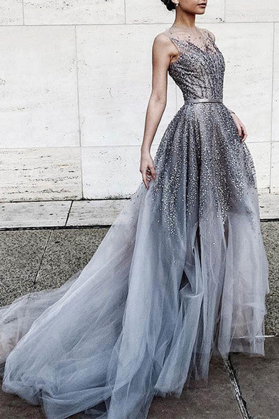 Gray Sequins Tulle See-Through Round Neck Long Prom Dresses