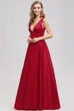 A Line Satin Red Deep V-Neck Backless Prom Dress Dance Dress P1189
