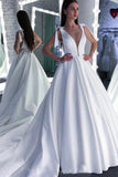 A Line Round Neck White Prom Dresses Bowknot Satin Round Neck Wedding Dresses P1278