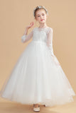 Elegant Long Sleeves Ivory Tulle Flower Girl Dresses With Lace FL0004