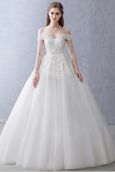 White Off-the-Shoulder Ball Gown Beads Sweetheart Floor-Length Wedding Dress PM751