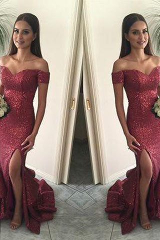 Red Off-the-Shoulder Mermaid Sequins Backless Long Prom Dress