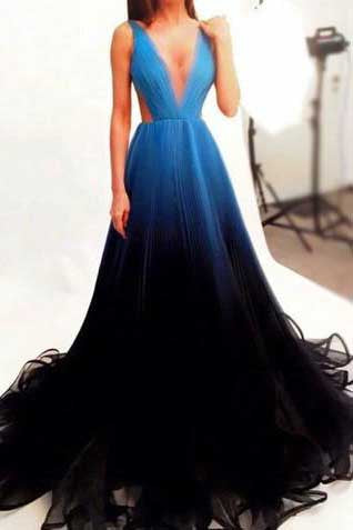 Black V-Neck Long Gradient Color Tulle Long Prom Dresses