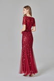 Elegant Mermaid Burgundy Tulle Prom Dresses Round Neck Long Evening Dresses XU90801