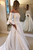 Elegant Off the Shoulder Satin 3/4 Sleeves Ivory Wedding Dress with Pockets W1273