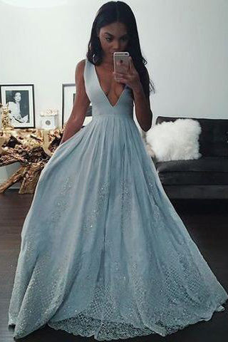 Sky Blue Sleeveless V-Neck Long Prom Dress