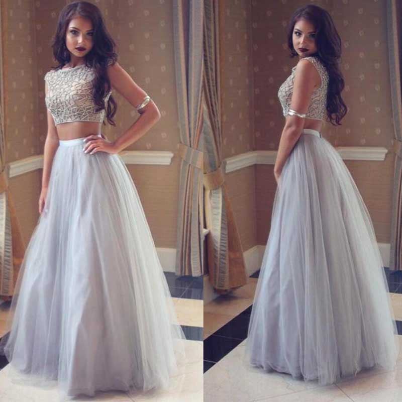 Two Pieces Grey A Line Tulle Sleeveless Beading Evening Dress