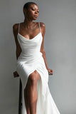 Sheath Cowl Neck Soft Satin Long Wedding Dress with Slit N112