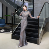 Mermaid High Neck Long Sleeve Crystals Beading Floor Length Tulle Prom Dress WH86443