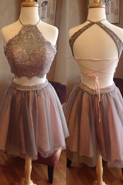 Two Pieces Open Back High Neck Sleeveless Short Homecoming Dress