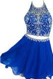 Elegant Halter Chiffon Blue Backless Beaded Two Pieces Homecoming Dresses
