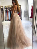 Modest A Line V-Neck Appliques High Slit Tulle Prom Dress Formal Gowns