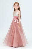 Spaghetti Strap Sequined Tulle Flower Girl Dress With Flower Bow