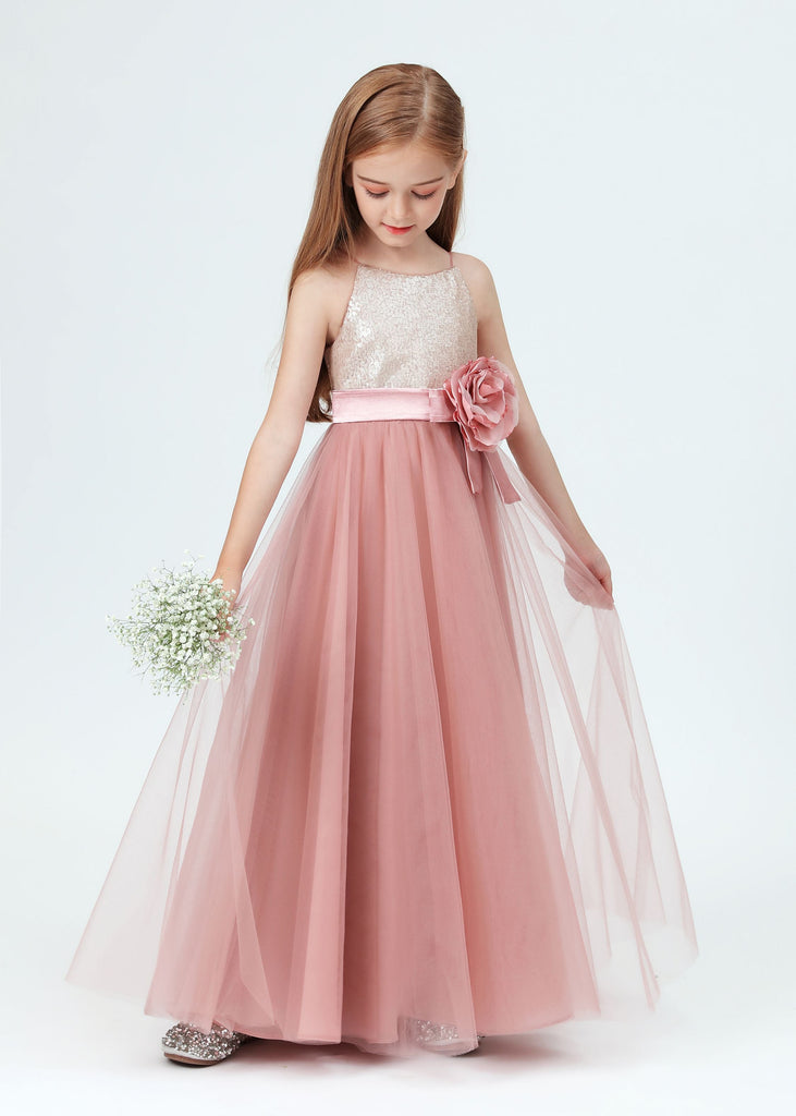 Spaghetti Strap Sequined Tulle Flower Girl Dress With Flower Bow