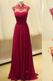 Wine Red Open Backs A Line Long Prom Dresses Formal Dresses