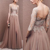 Elegant A Line Long Sleeves Lace Appliques Tulle Prom Dresses