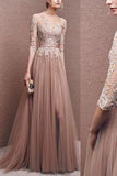 Elegant A Line Long Sleeves Lace Appliques Tulle Prom Dresses